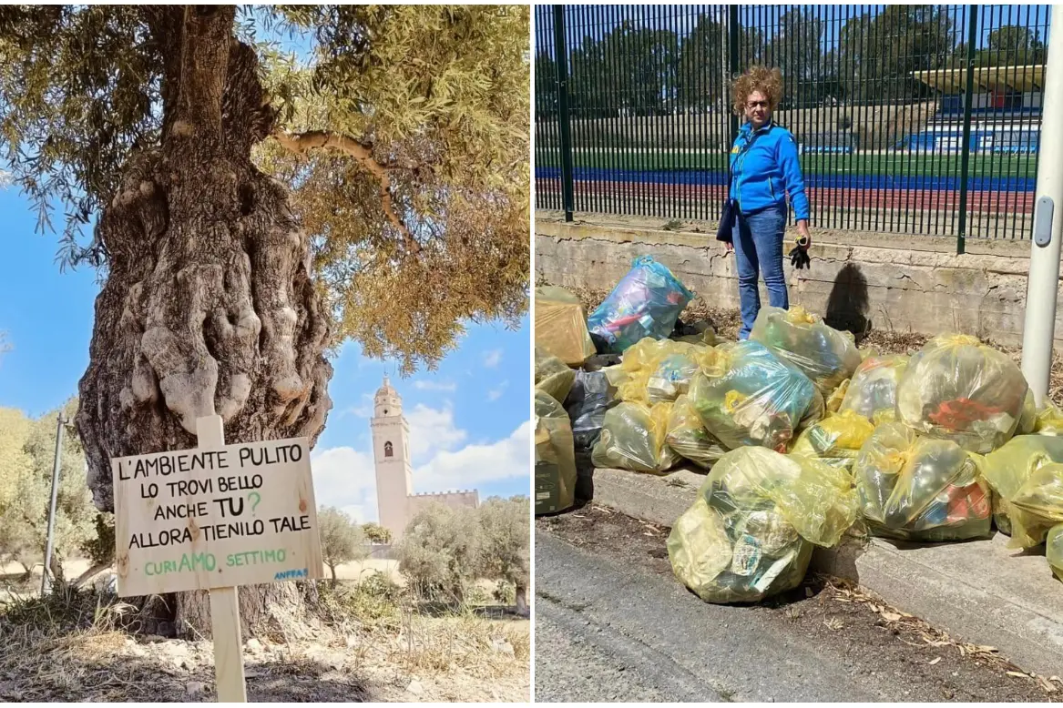A sinistra il cartello creato dai ragazzi dell'Anffas, a destra i sacchi di rifiuti (foto Serreli)