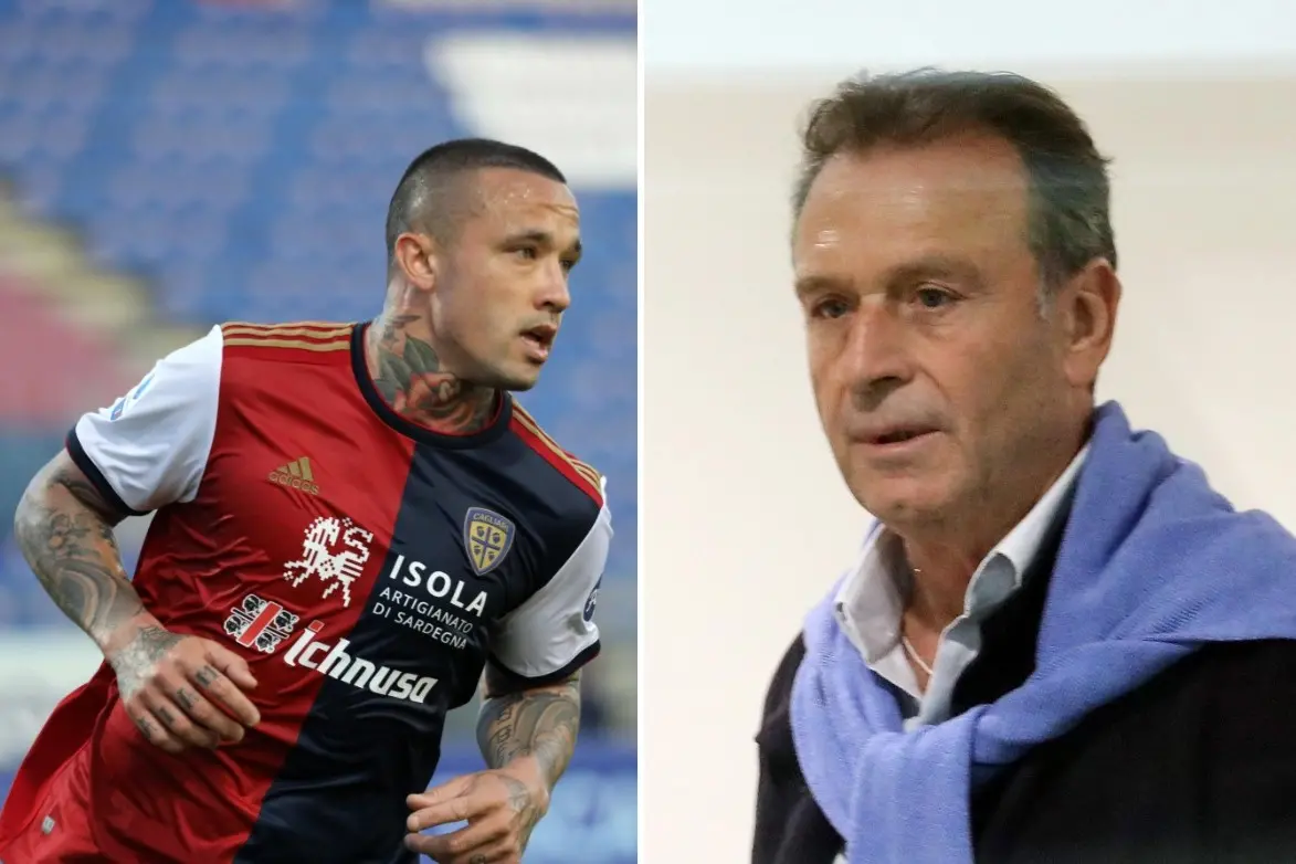 Radja Nainggolan nella stagione 2020-2021 col Cagliari (a sinistra) e Massimo Cellino, attuale presidente del Brescia