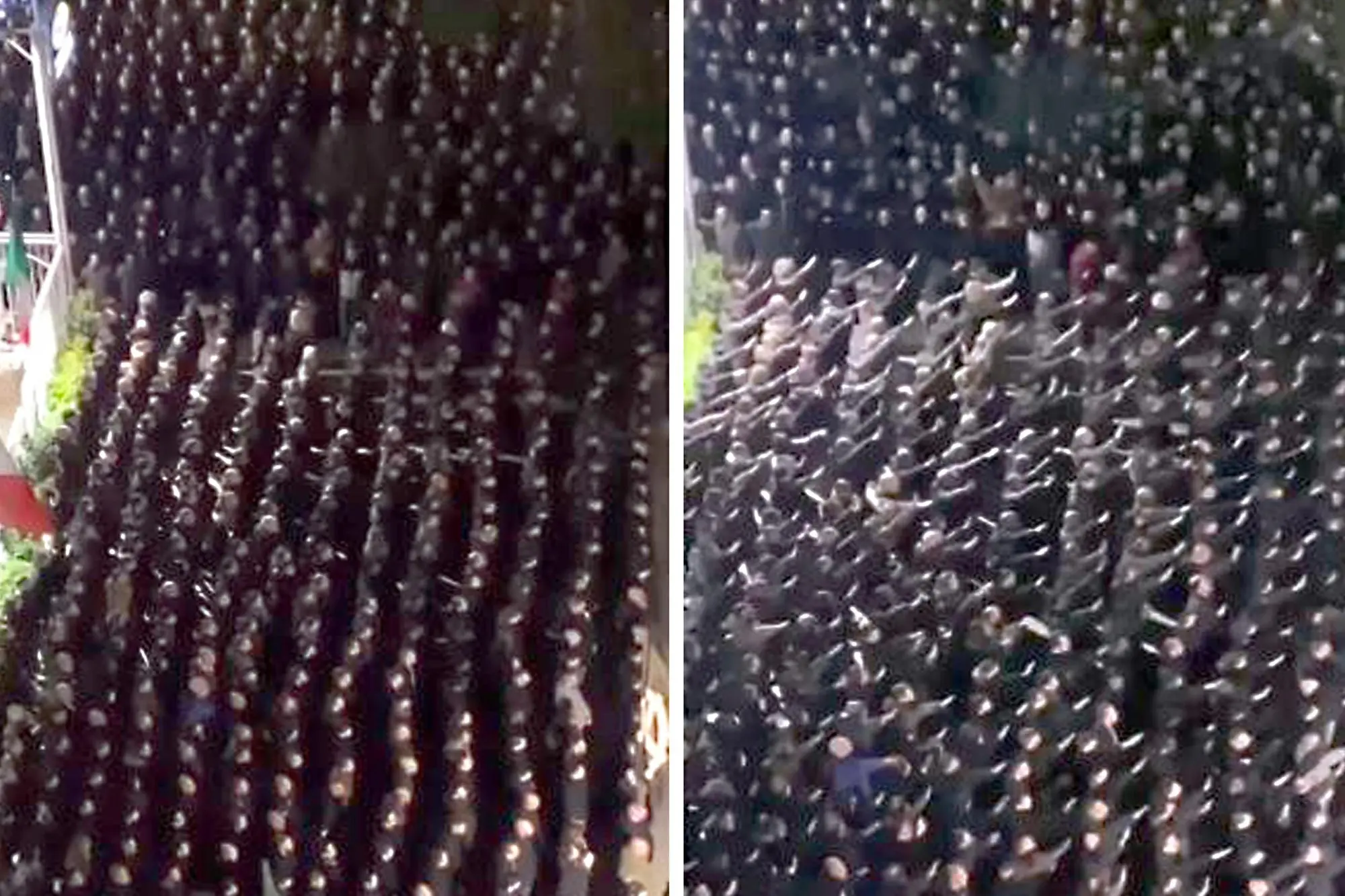 Due immagini con una una combo del video che mostra i saluti romani davanti la sede dell'ex MSI (foto via Ansa)