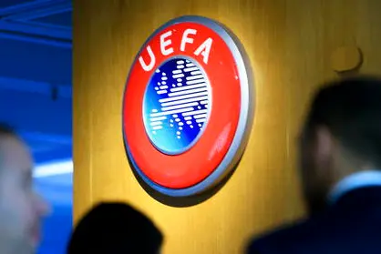 epa08337222 (FILE) - The UEFA logo on display after the meeting of the UEFA Executive Committee at the UEFA headquarters in Nyon, Switzerland, 07 December 2017 (re-issued on 01 April 2020). The UEFA has postponed on 01 April all planned matches of the national team's in June until further notice. The same applies to Champions and Europa League matches of this season. EPA/LAURENT GILLIERON *** Local Caption *** 55950362