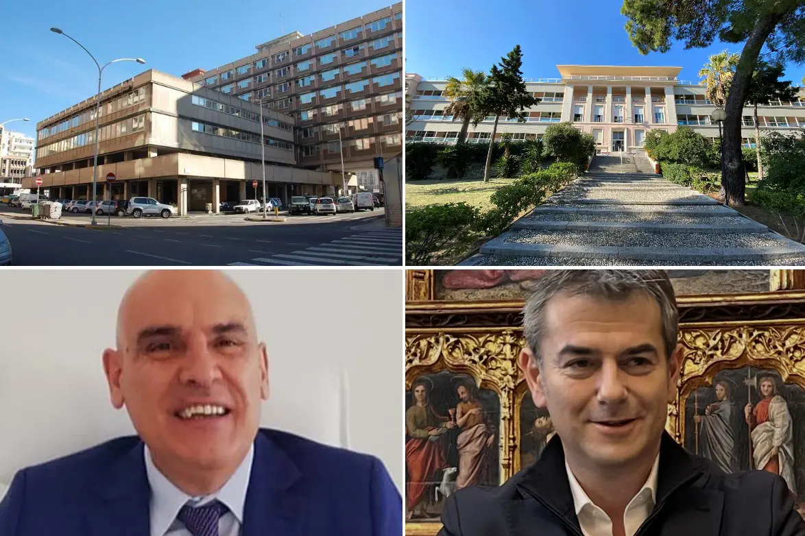 Dall'alto in senso orario: il palazzo di piazza De Gasperi, il Binaghi, Aldo Atzori e Massimo Zedda