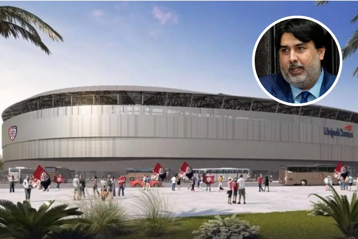 Il nuovo stadio e, nel tondo, Christian Solinas