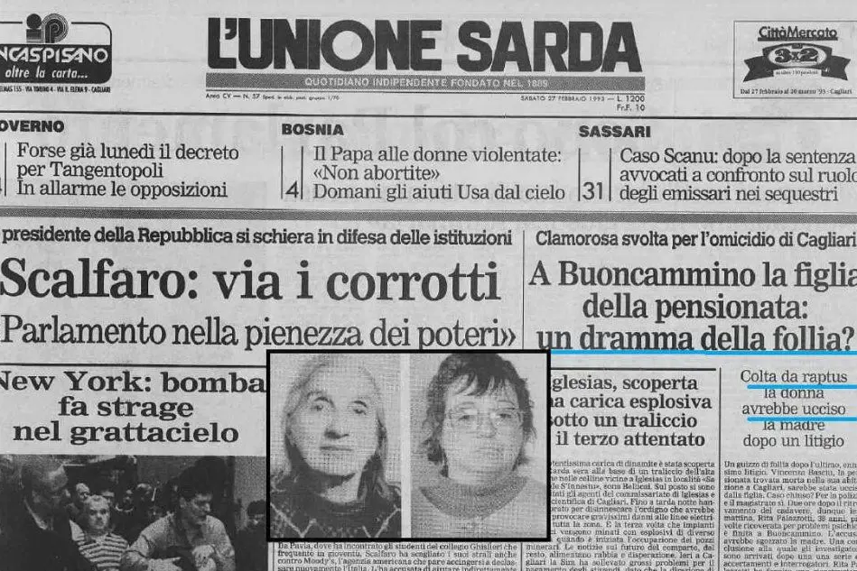 Su L'Unione Sarda del 27 febbraio 1993 la svolta nelle indagini. Nel riquadro Vincenza Basciu e Rita Panazzotti