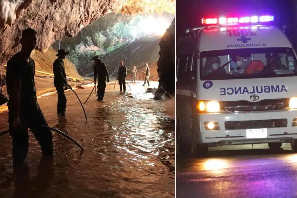 I soccorritori nelle grotte. A destra, l'ambulanza con i primi ragazzi soccorsi corre verso l'ospedale