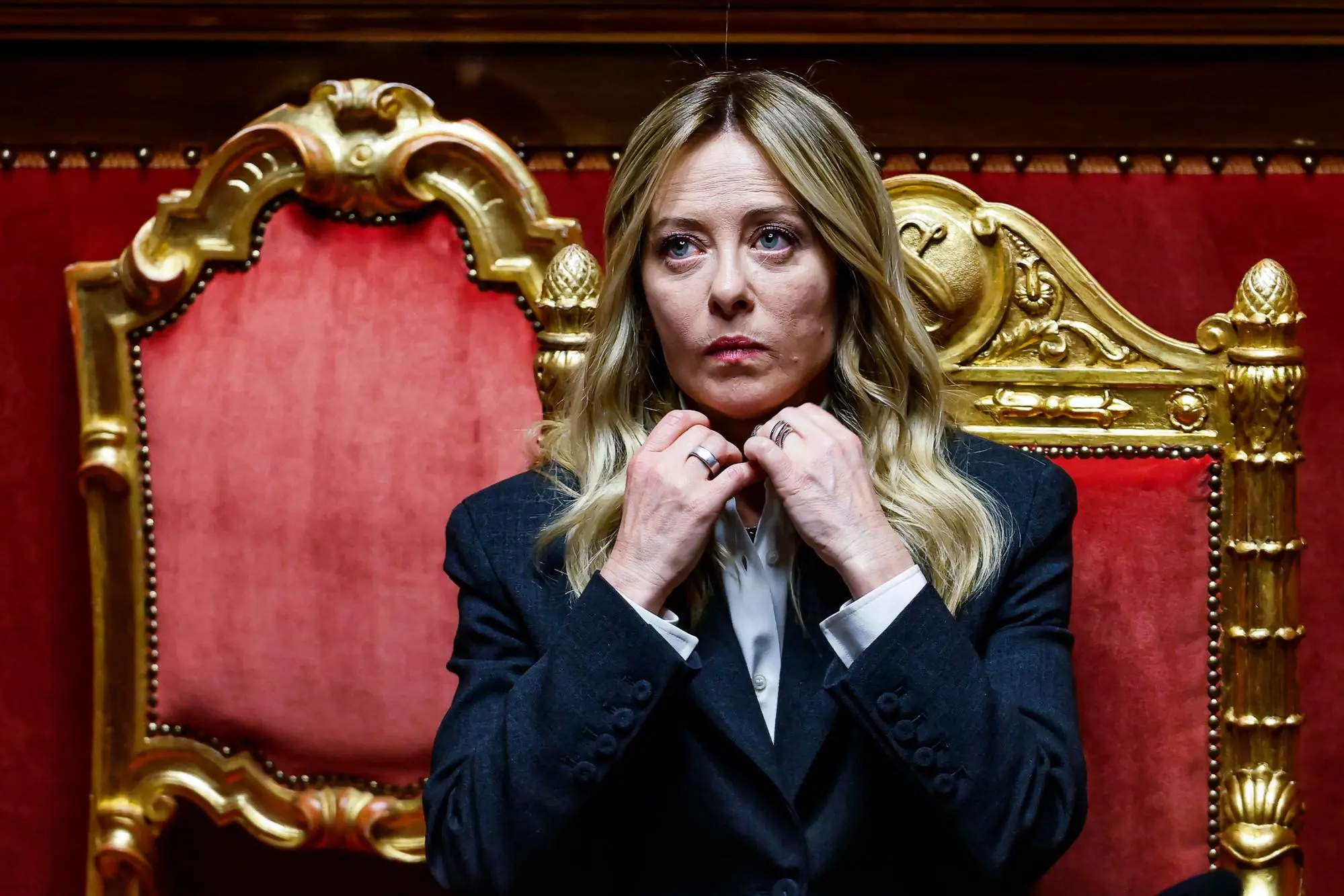 Italian Prime Minister Giorgia Meloni in the Senate chamber during the briefing to Parliament on the government's activity, in Rome, Italy, 09 April 2026. ANSA/ANGELO CARCONI