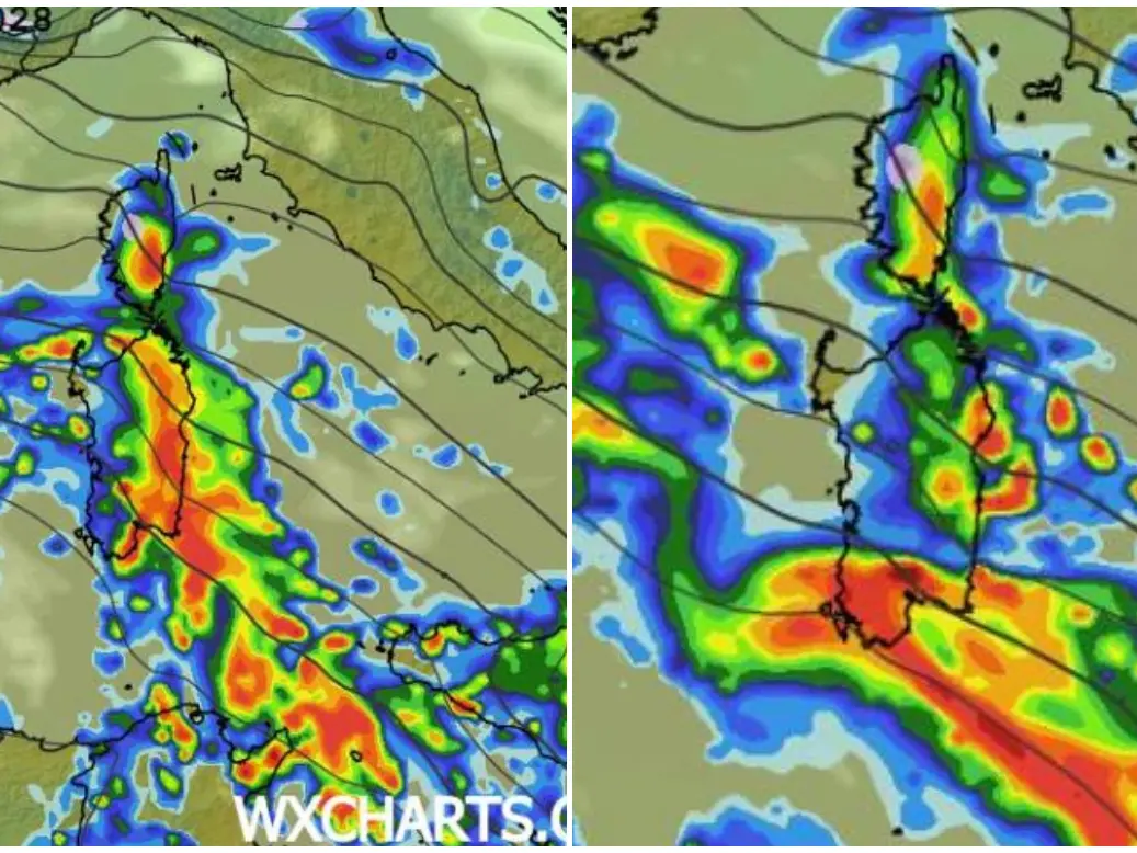 Maltempo in Sardegna, le previsioni per lunedì e martedì (foto WXCharts.com)
