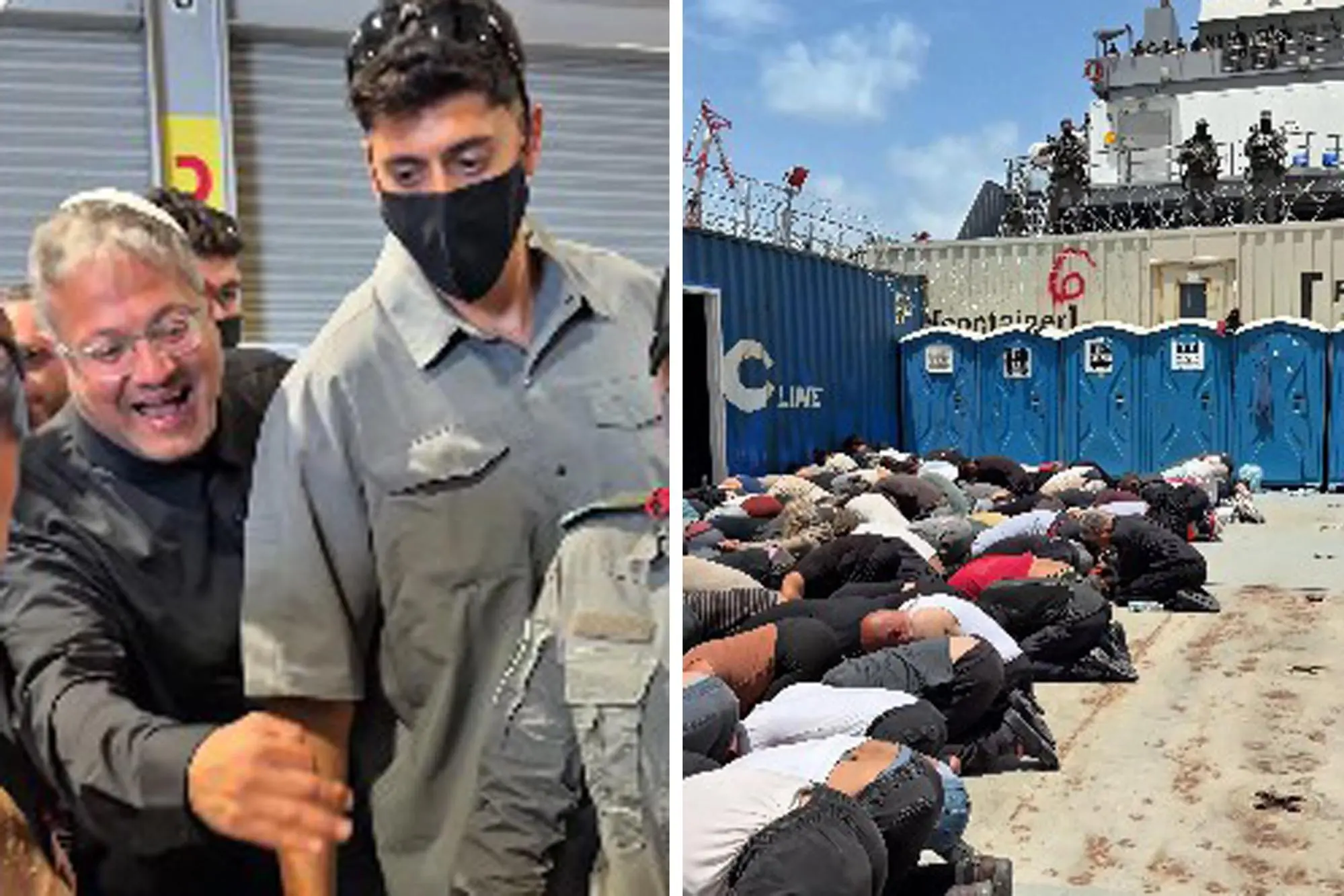 COMBO - Un frame tratto da un video pubblicato sul profilo X @itamarbengvir. Il ministro della Sicurezza Nazionale Itamar Ben-Gvir ha visitato il porto di Ashdod, dove sono detenuti gli attivisti della flottiglia fermati dalla marina militare israeliana e, come diffuso sui suoi canali social sotto il titolo 'Ecco come accogliamo i sostenitori del terrorismo', deride gli attivisti mentre camminano tra centinaia di detenuti, ammanettati e bendati in ginocchio e esulta: ''Benvenuti in Israele, siamo i padroni di casa'' e ''Il popolo d'Israele vive'', 20 maggio 2026. . X@itamarbengvir. +++ ATTENZIONE LA FOTO NON PUO' ESSERE PUBBLICATA O RIPRODOTTA SENZA L'AUTORIZZAZIONE DELLA FONTE DI ORIGINE CUI SI RINVIA+++ NPK +++