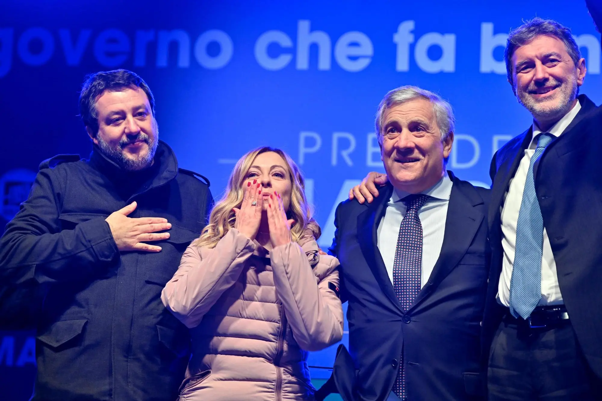 Matteo Salvini, Giorgia Meloni, Antonio Tajani e il presidente della Regione Abruzzo Marco Marsilio (foto Ansa)