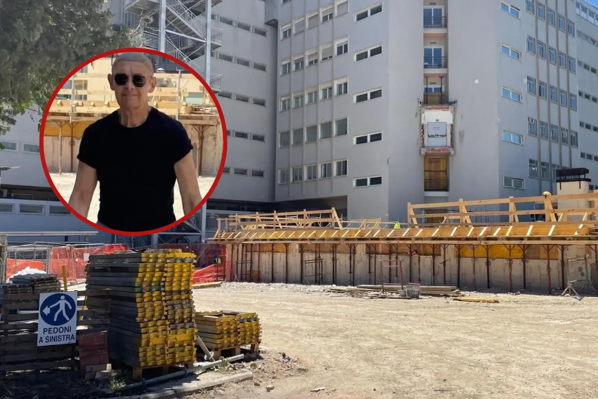 Il cantiere del Businco e, nel tondo, il medico Steven Claudio Masotti