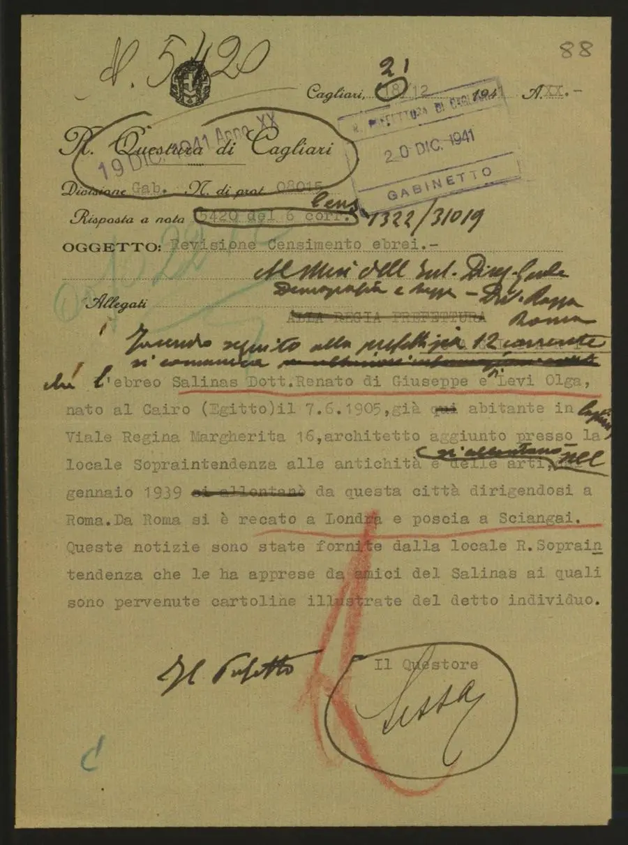 Il documento della Questura di Cagliari del 19 dicembre 1941 in cui il Questore dichiara che Renato Salinas si trova a Shanghai dal 1939 (Archivio di Stato di Cagliari)