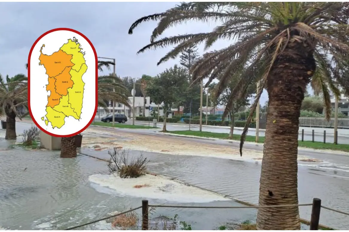 Maltempo, a sinistra la cartina della Sardegna con i colori dell'allerta meteo