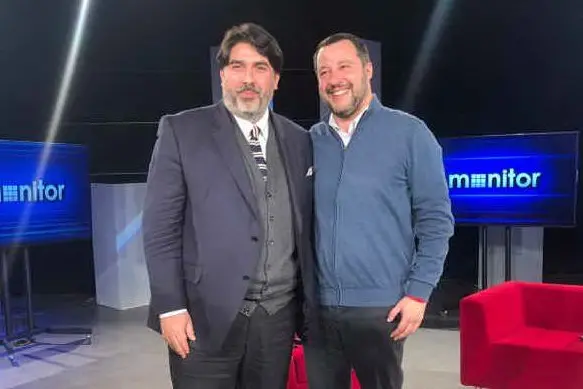 Matteo Salvini e Christian Solinas negli studi di Monitor a Videolina (foto Simona Coroneo, staff)