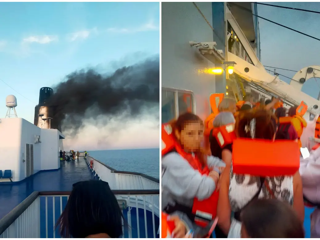 Il fumo nero sulla Gnv e i passeggeri sul ponte con i giubbotti di salvataggio (foto Pala)