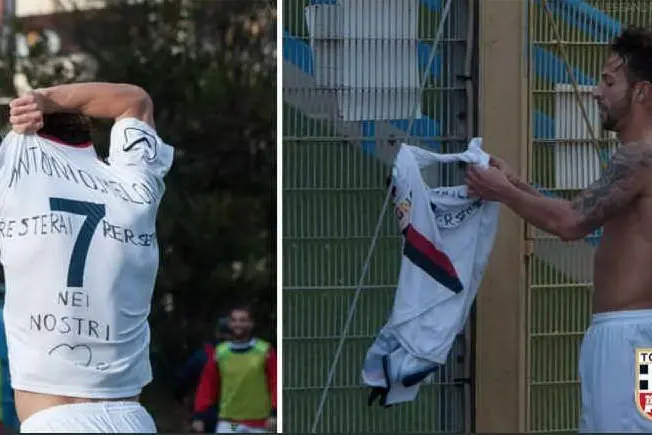 Sarritzu si toglie la maglia con dedica e la appende alle recinzioni (foto da Twitter della Torres)