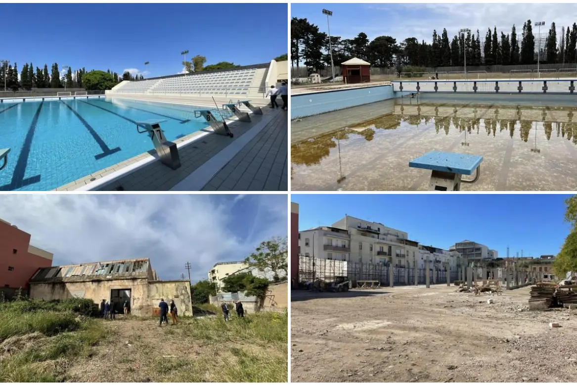 La piscina prima e dopo i lavori e l'ex cotonificio prima e dopo gli interventi (foto Fiori)