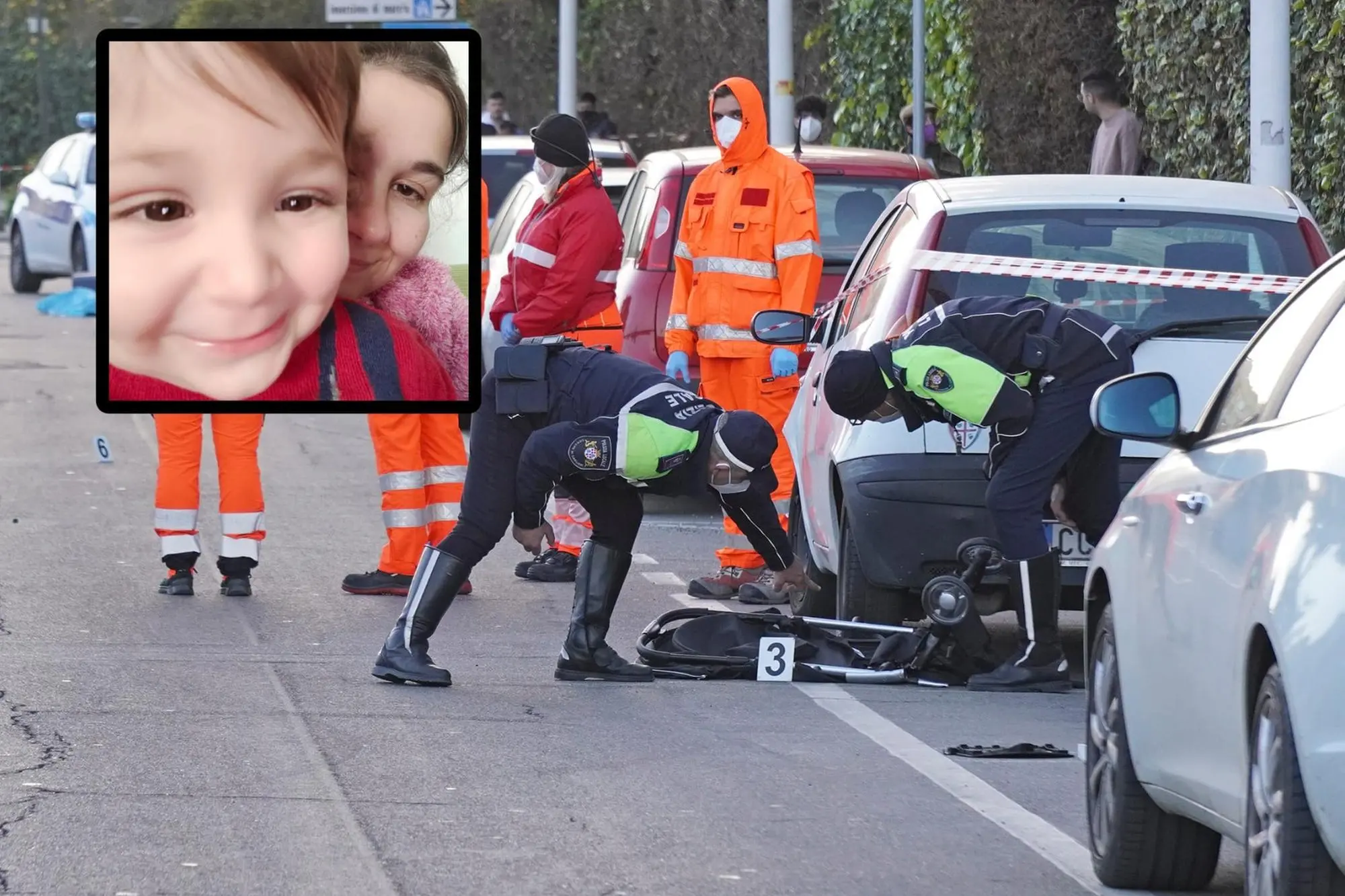 Il luogo dell'incidente in via Cadello e, nel riquadro, il bimbo travolto e ucciso  (L'Unione Sarda)