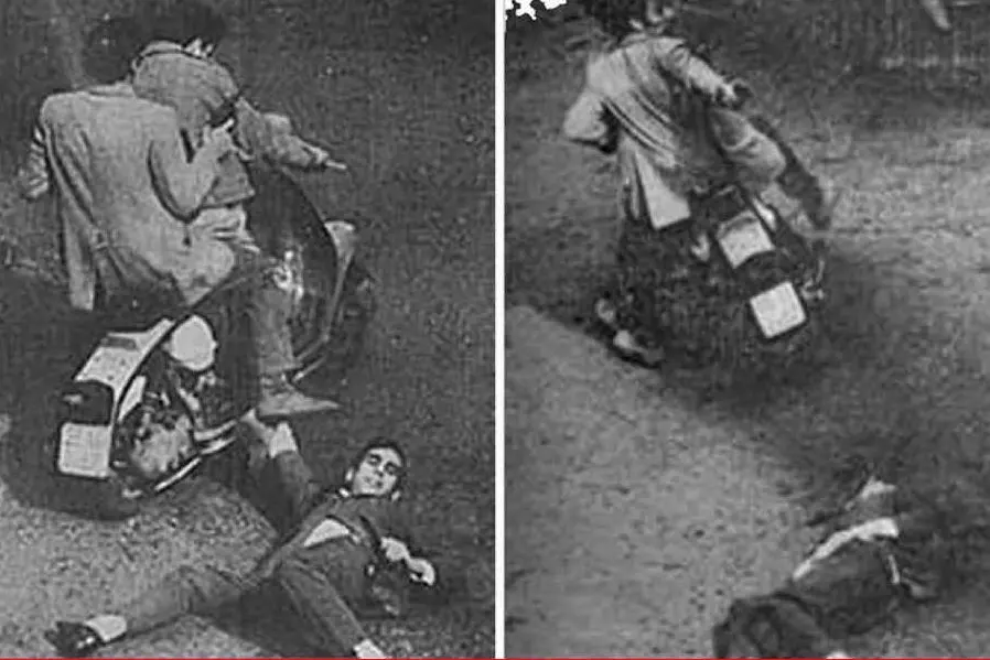 Due foto di Ilio Galletta che hanno immortalato la fuga dei rapinatori e l'ultimo tentativo di Alessandro Floris (foto Ansa)