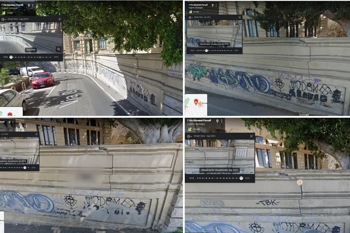La serie storica delle immagini del muro pericolante di via Porcell (Foto da Google Street View)