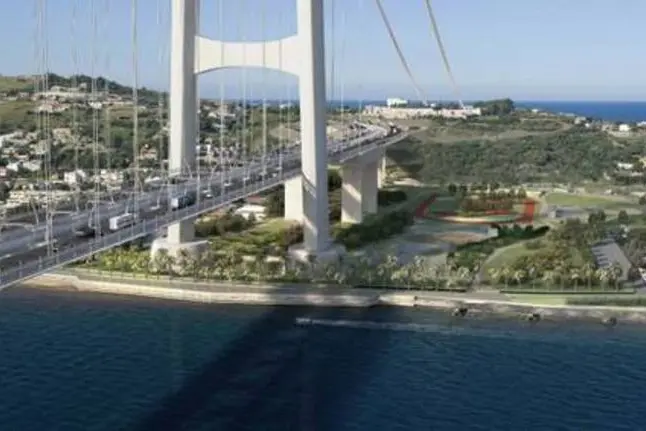 Una elaborazione grafica del progetto definitivo del ponte sullo Stretto (foto via Ansa)