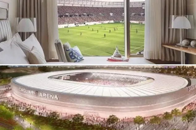 Due immagini del progetto del nuovo stadio (L'Unione Sarda)