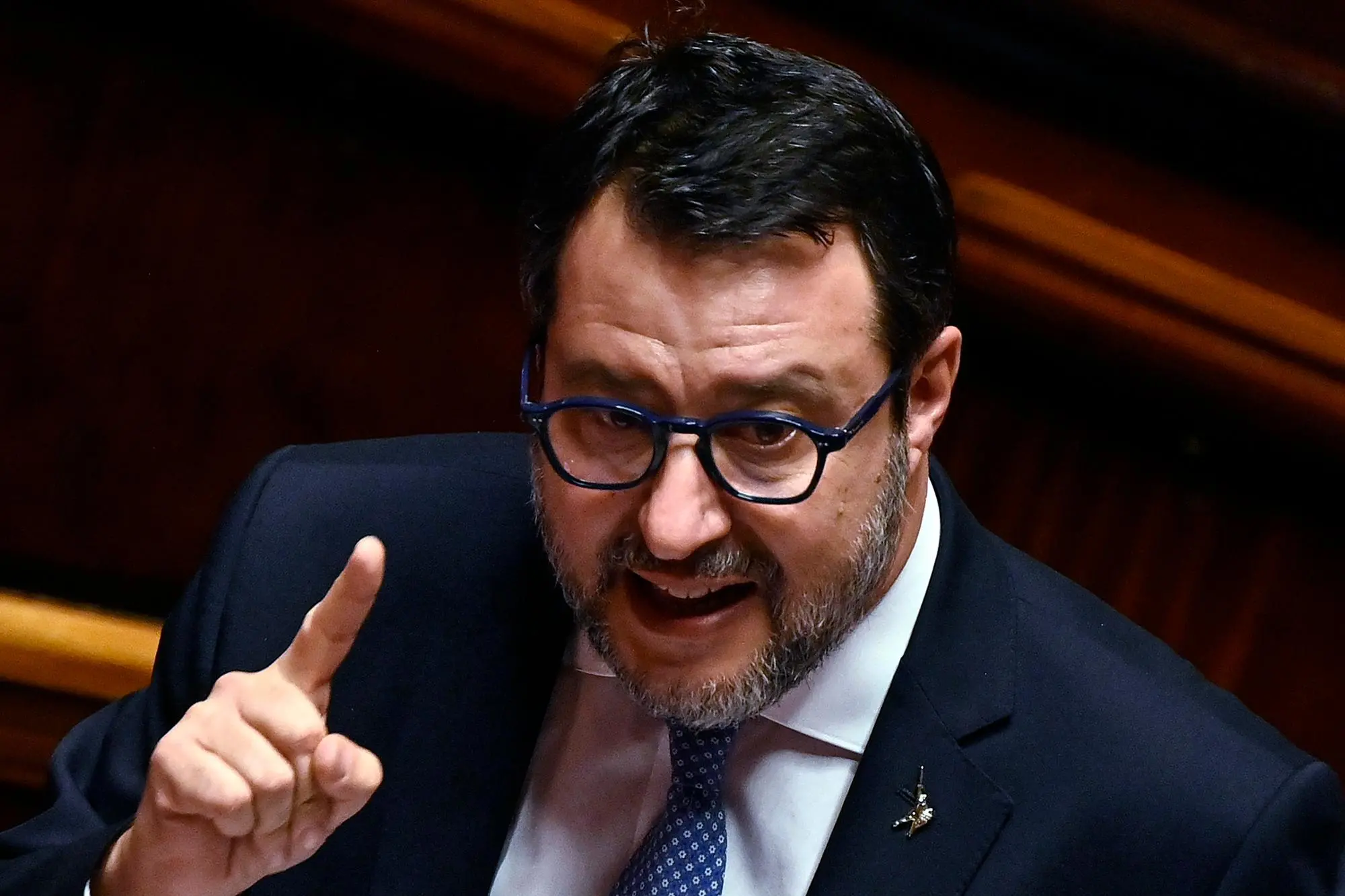 Il ministro delle Infrastrutture e dei Trasporti, Matteo Salvini, durante il question time in Senato, Roma, 15 febbraio 2024. ANSA/RICCARDO ANTIMIANI