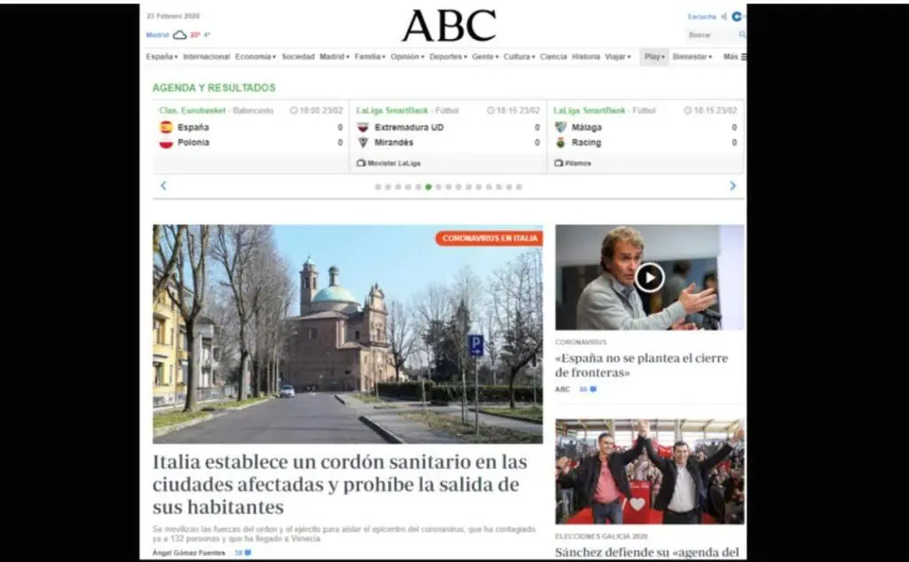 Il cordone sanitario imposto alle città focolaio è la notizia di apertura sul sito di informazione spagnolo ABC