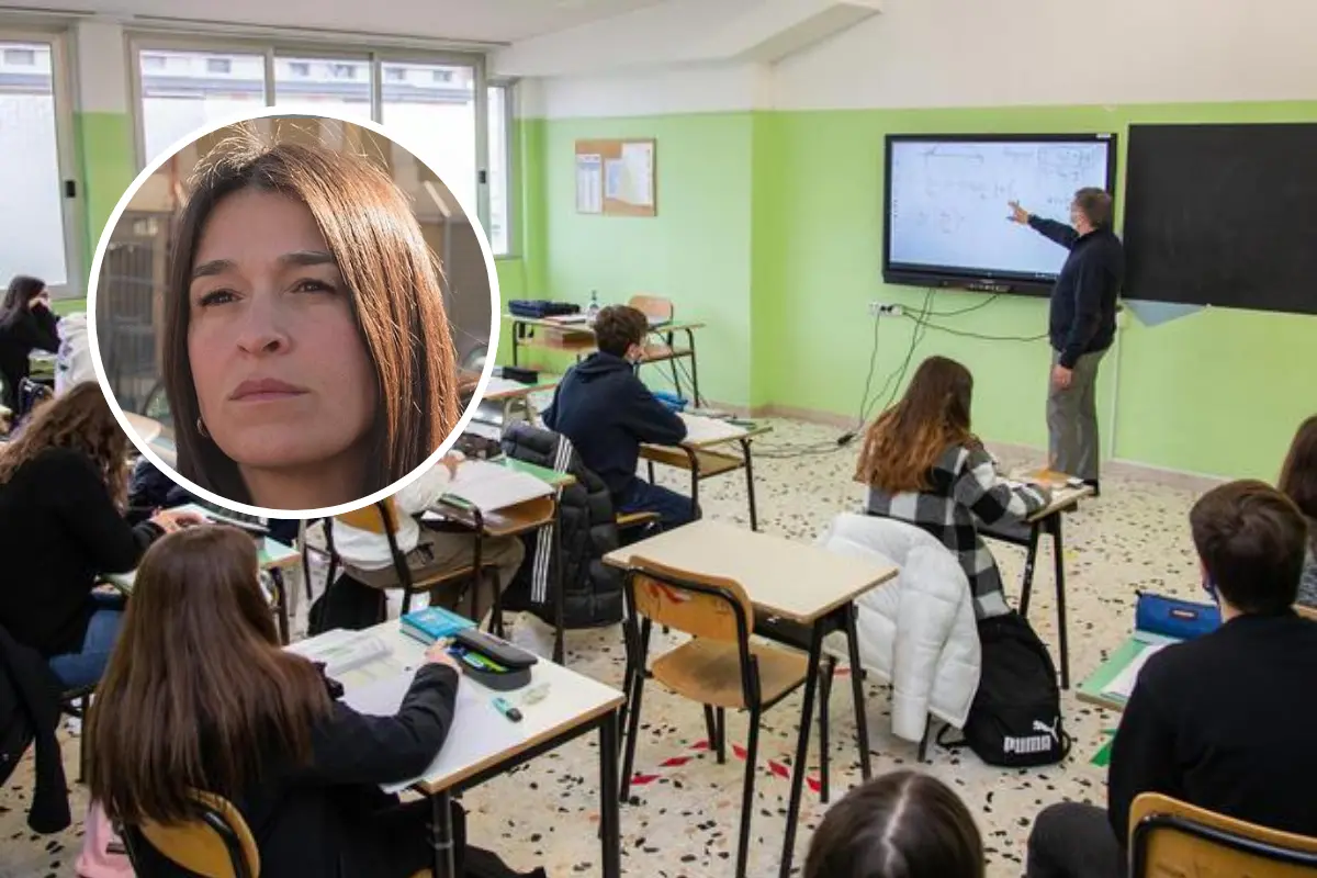 Un'aula scolastica e, nel tondo, Camilla Soru