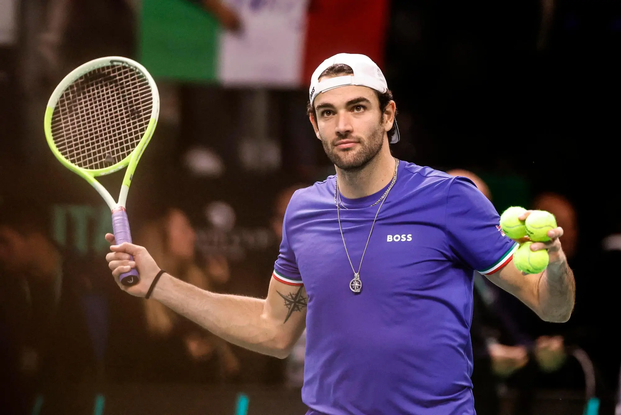 Italy tennis player Matteo Berrettini celebrates the victory in single tennis match against Austria player Jurij Rodionov during Davis Cup 2025 Final 8 at Fiere Exhibition Centre in Bologna Italy, 19 November 2025. ANSA /ELISABETTA BARACCHI