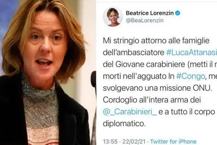 Beatrice Lorenzin (Archivio L'Unione Sarda) e il tweet (dai social)