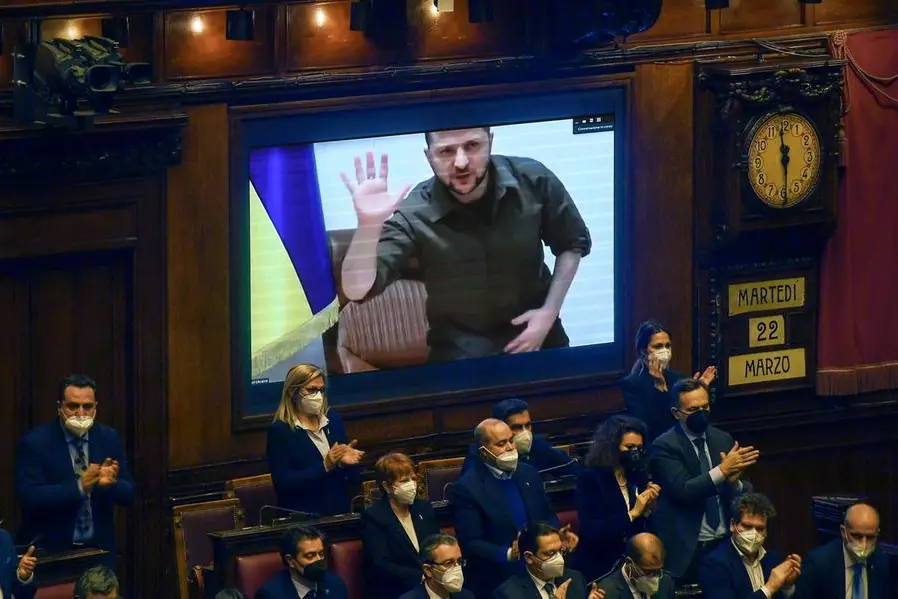Ukrainian President Volodymyr Zelensky addresses members of the Italian Parliament via video conference during an extraordinary Plenary session debating on the 'Russian aggression against Ukraine' at the Italian Parliament in Rome, Italy, 22 March 2022. ANSA/ALESSANDRO DI MEO