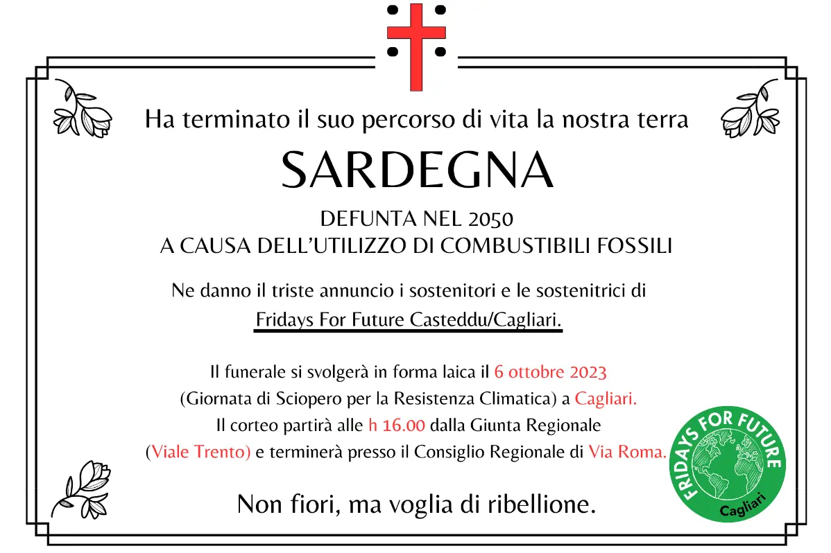 Il manifesto funebre creato per la Sardegna da \"Friday for Future\"