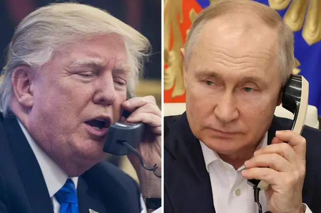 In una combo il presidente americano Donald J. Trump parla al telefono con il presidente russo Vladimir Putin. ANSA/PETE MAROVICH - MIKHAEL KLIMENTYEV