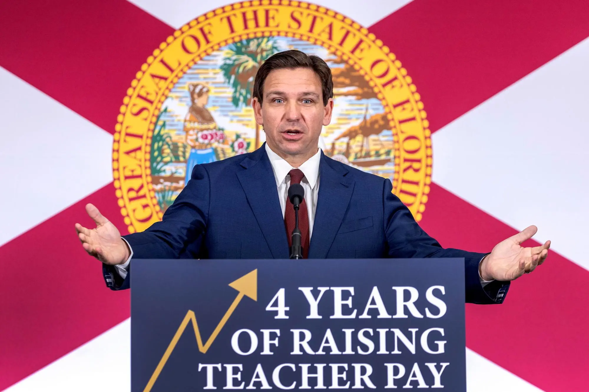 Florida Governor Ron DeSantis speaks during an event at True North Classical Academy in Miami, Florida, USA, 09 May 2023. ANSA/CRISTOBAL HERRERA-ULASHKEVICH