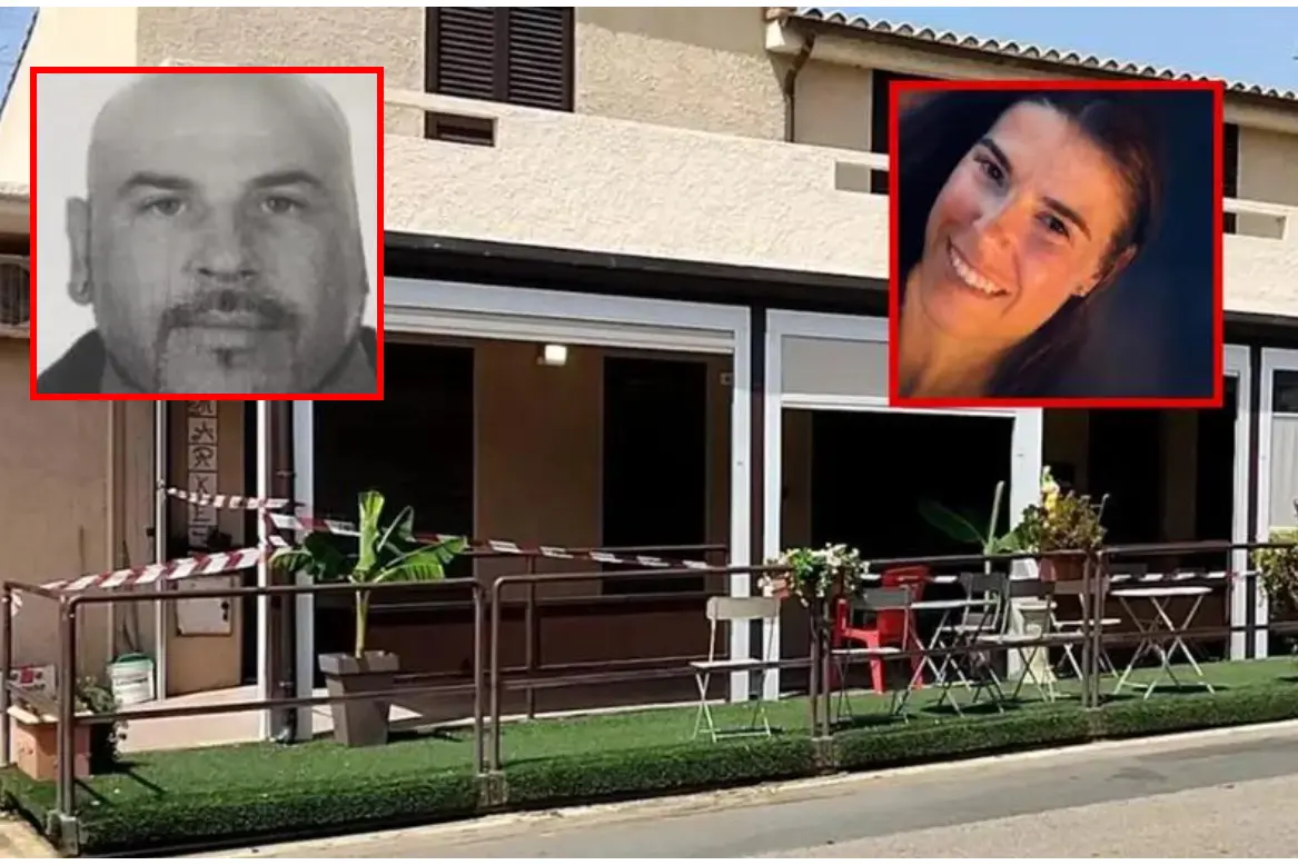 Il bar di Solanas, nei riquadri Andrea Pintus e Michela Rubiu (foto L'Unione Sarda)