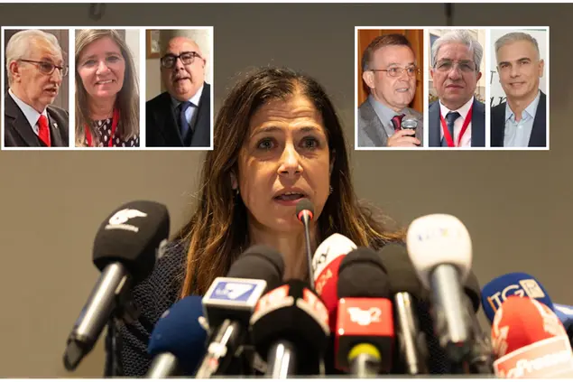 Alessandra Todde e nei riquadri, da sinistra: Paolo Atzori, Marga Tavera Pietro Mariani, Domenico Scala, Mario Agus e Alberto Defraia (Archivio L'Unione Sarda)