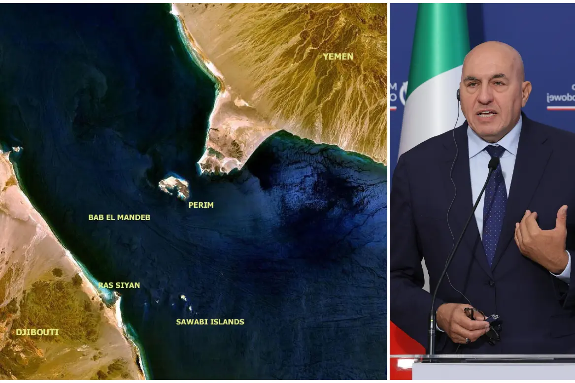 Il ministro Crosetto, a sinistra lo stretto a rischio per i mercantili italiani (foto Ansa)