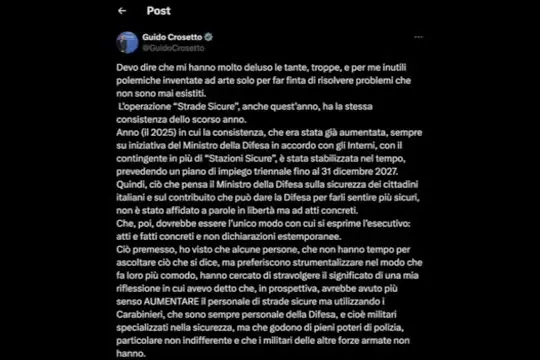 Crosetto: su strade sicure inutili polemiche, inventate ad arte