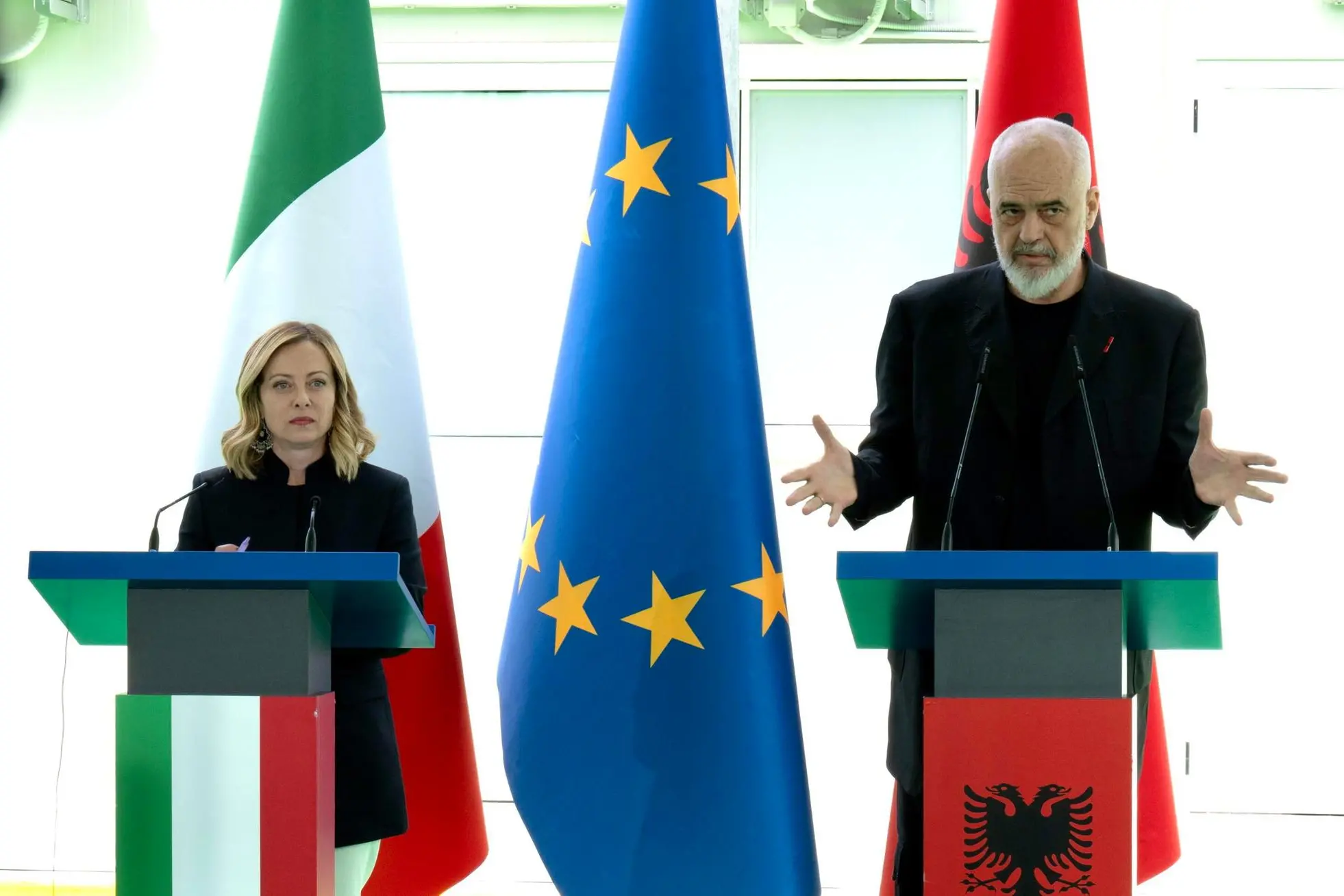 epa11391235 Italian Prime Minister Giorgia Meloni (L) attends a joint press conference with Albanian Prime Minister Edi Rama (R), after their visit to the migrant hotspot in Shengjin, Albania, 05 June 2024. The Italian and Albanian prime ministers visited the new Shengjin migrant hotspot, a center created on the basis of an agreement between Tirana and Rome to operate centres for asylum seekers on Albanian territory. EPA/FIIPPO ATTILI / CHIGI PALACE PRESS OFFICE HANDOUT HANDOUT EDITORIAL USE ONLY/NO SALES HANDOUT EDITORIAL USE ONLY/NO SALES