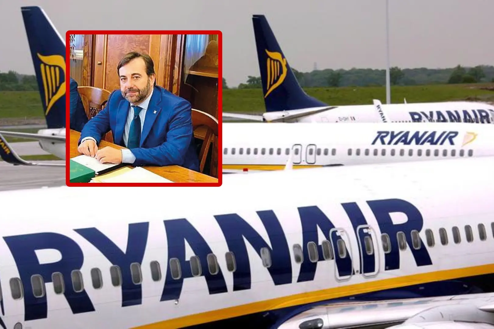 Aerei Ryanair e, nel riquadro, l'assessore dei Trasporti Antonio Moro (L'Unione Sarda)