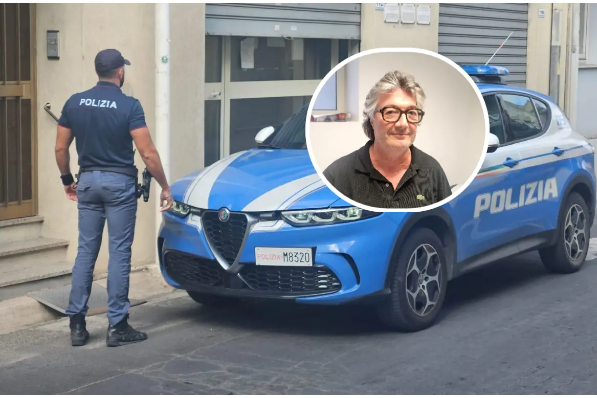 Polizia davanti all'ambulatorio, nel riquadro Roberto Sollai (foto L'Unione Sarda)