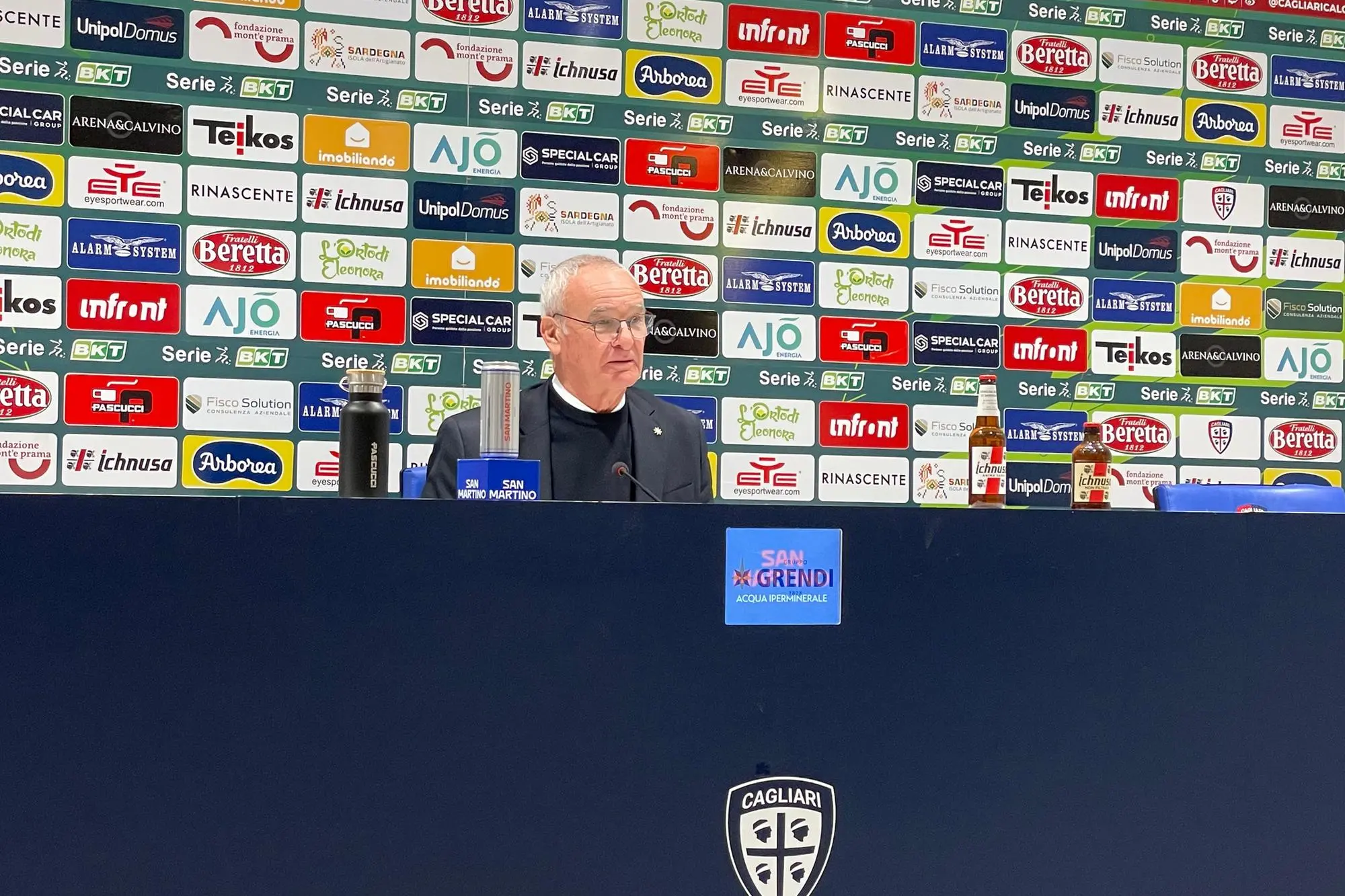 Claudio Ranieri in sala stampa all’Unipol Domus dopo Cagliari-Spal (foto Spignesi)