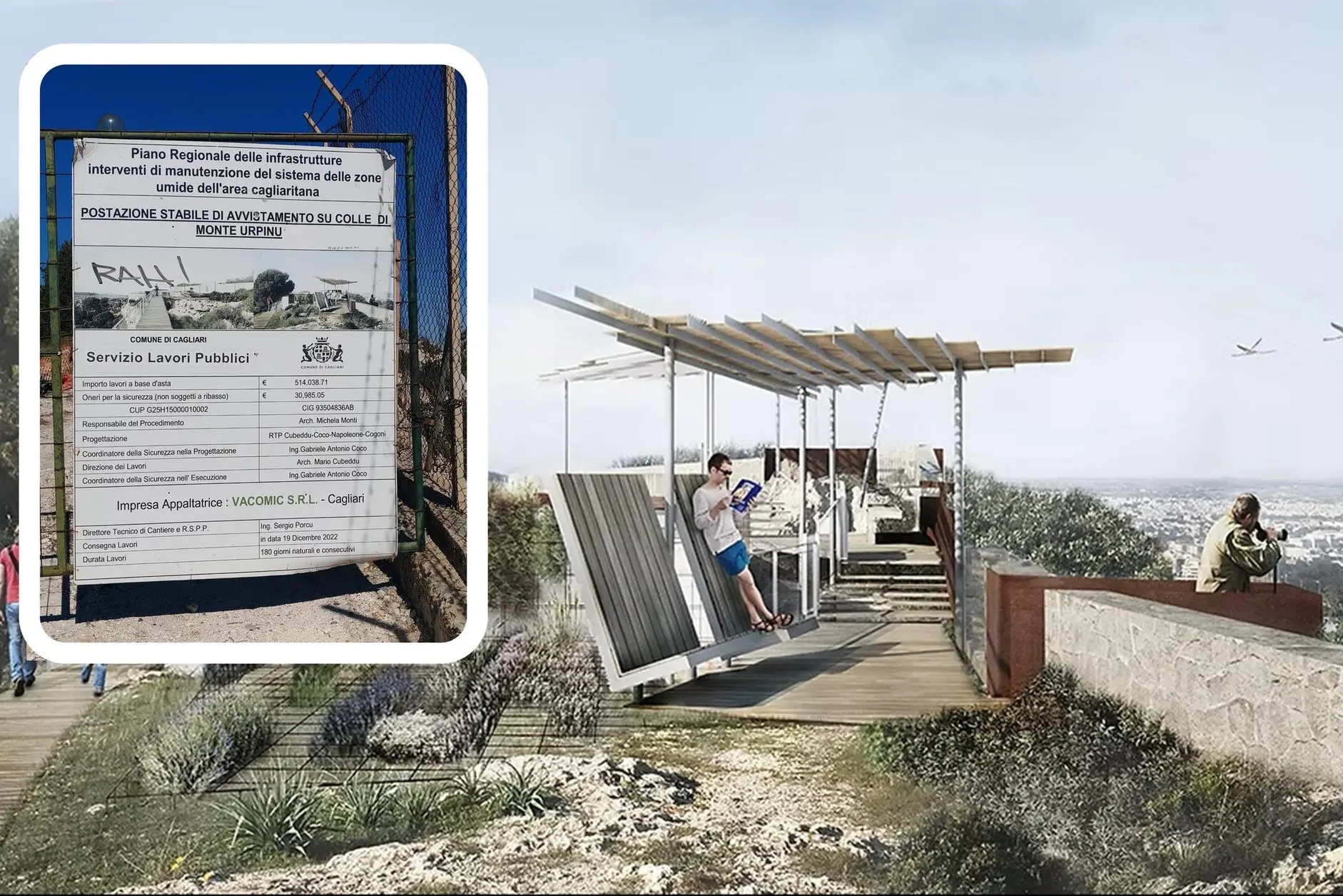 Il render della postazione di avvistamento a Monte Uprinu e il cartello dei lavori