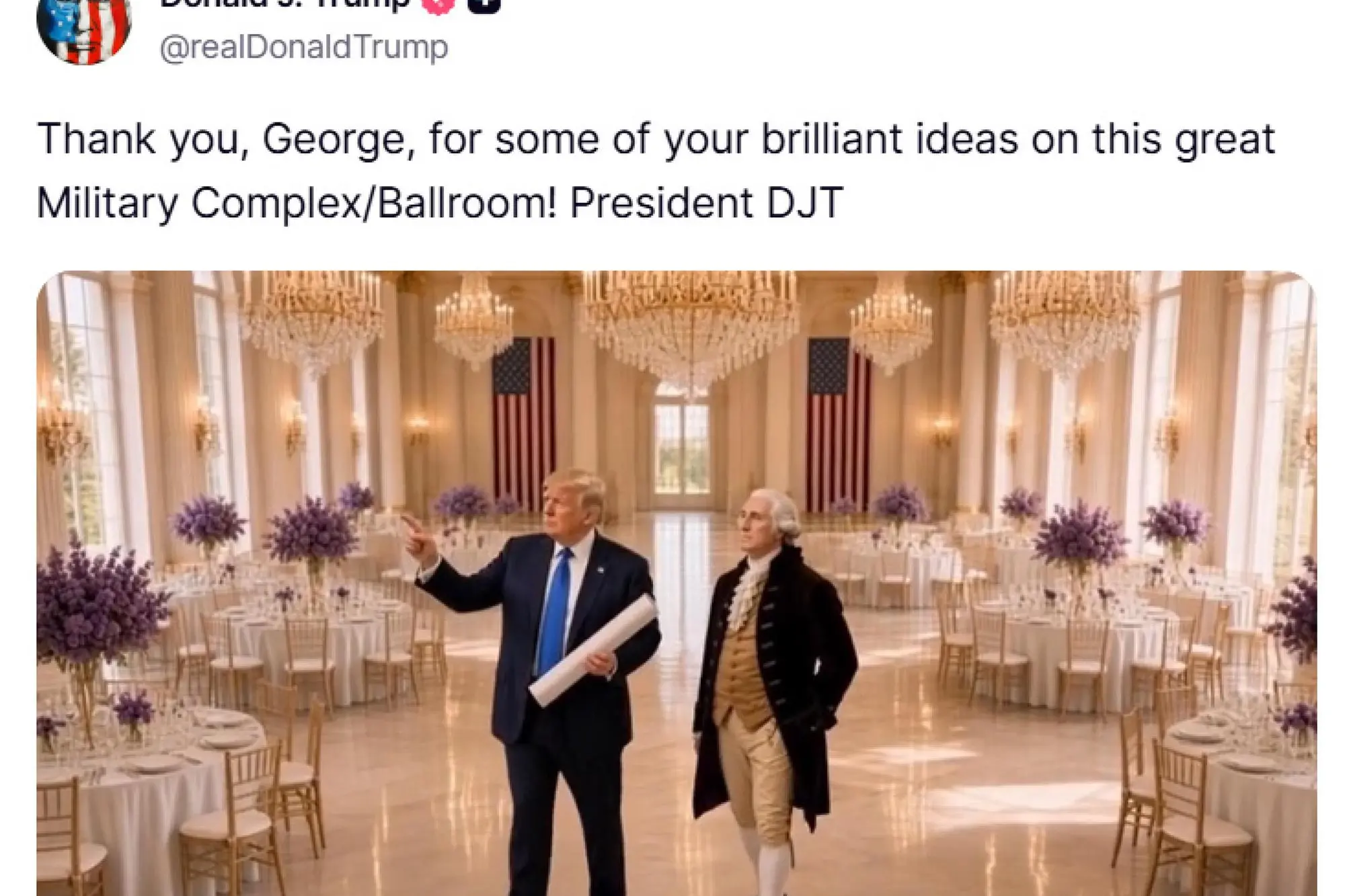 Trump e Washington, foto Ai pubblicata dall'attuale presidente (Ansa)