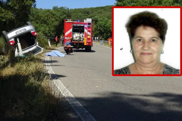L'incidente sulla 388 e, nel riquadro, la vittima Vittoria Murgia (L'Unione Sarda)