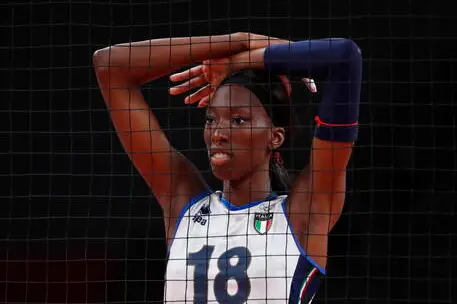 epa09393905 Paola Ogechi Egonu of Italy reacts during the Women's Volleyball quarterfinal between Serbia and Italy in the Tokyo 2020 Olympic Games at the Ariake Arena in Tokyo, Japan, 04 August 2021. EPA/TATYANA ZENKOVICH