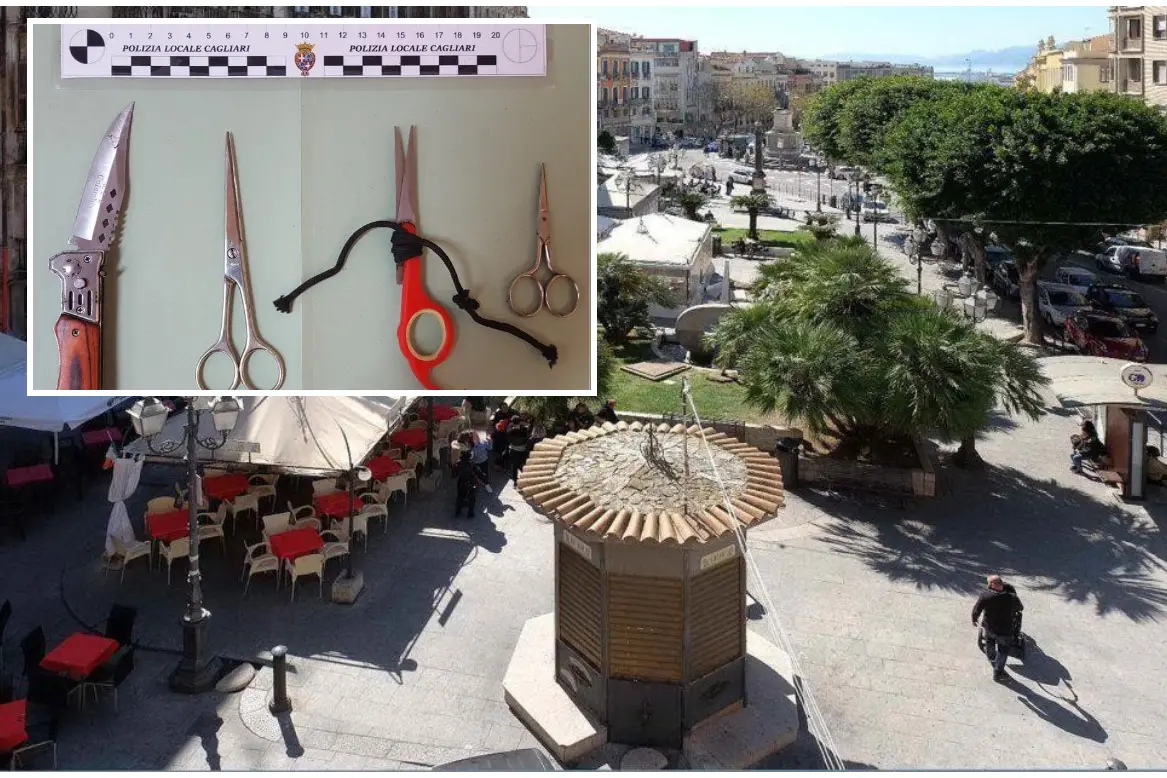 Piazza Yenne a Cagliari (Archivio L'Unione Sarda) e, nel riquadro, gli oggetti sequestrati (foto Polizia locale)