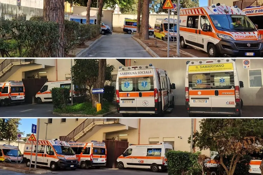 La fila di ambulanze fuori dal Santissima Trinità (L'Unione Sarda)