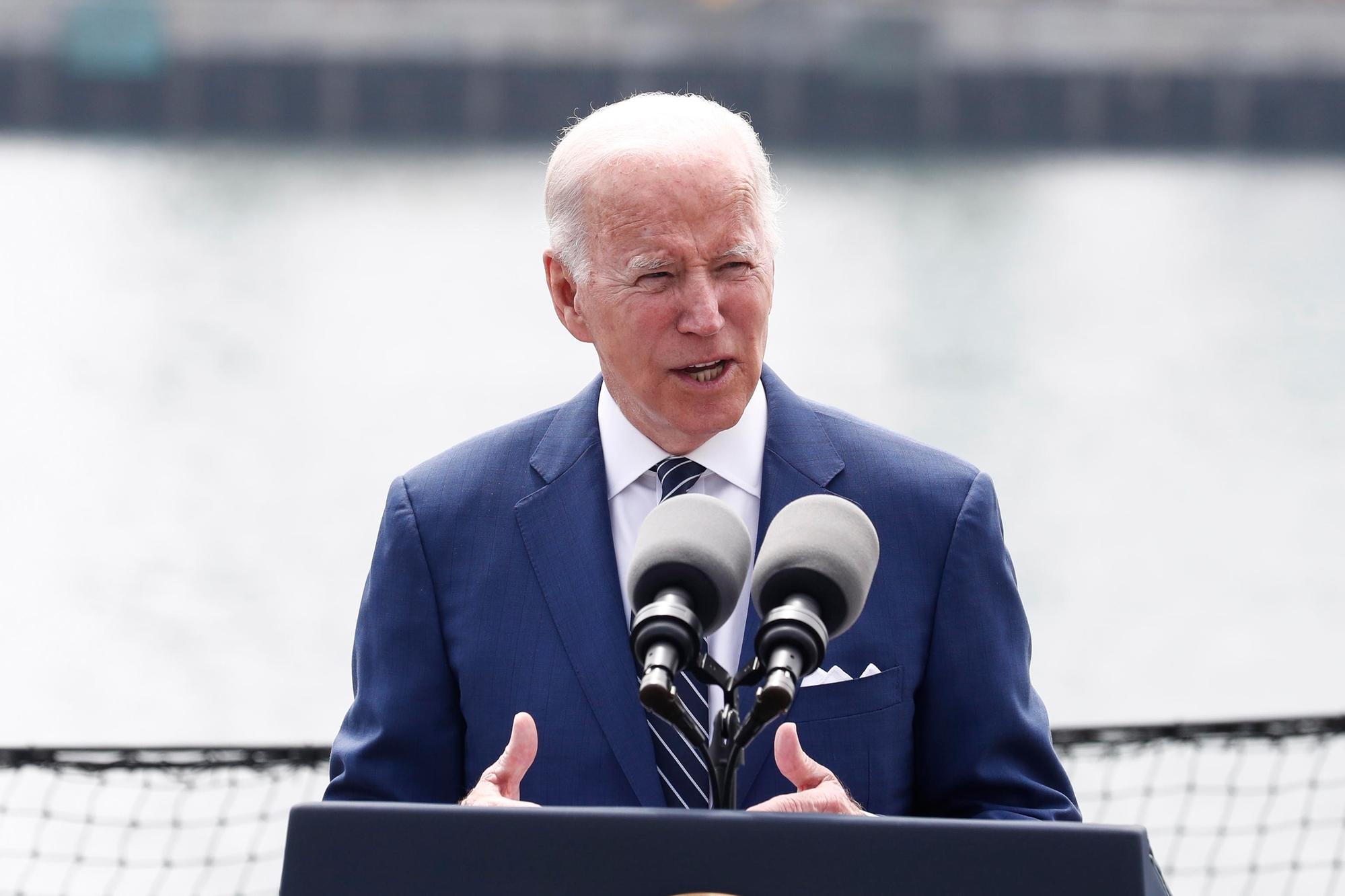 epa10006622 US President Joe Biden delivers a speech on the USS Iowa in the Port of Los Angeles in Los Angeles, California, USA, 10 June 2022. EPA/CAROLINE BREHMAN