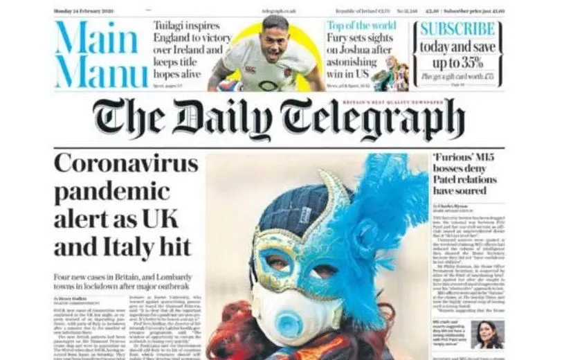 Il Daily Telegraph si concentra sulla diffusione del virus, arrivato anche nel Regno Unito dopo che in Italia