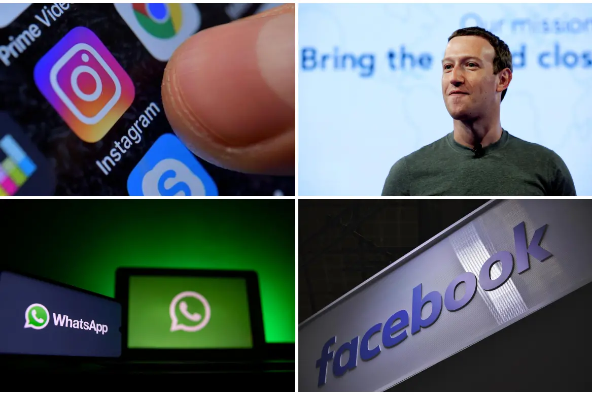 Mark Zuckerberg e i loghi di Facebook, WhatsApp e Instagram (Ansa e Archivio L'Unione Sarda)